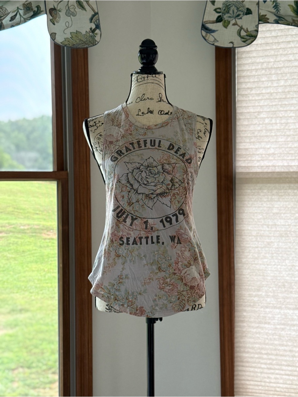 Grateful Dead Floral Rose Graphic Tank Top - White with Pink Accents